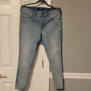 Express Women's Light Blue Skinny Jeans with Floral Accents